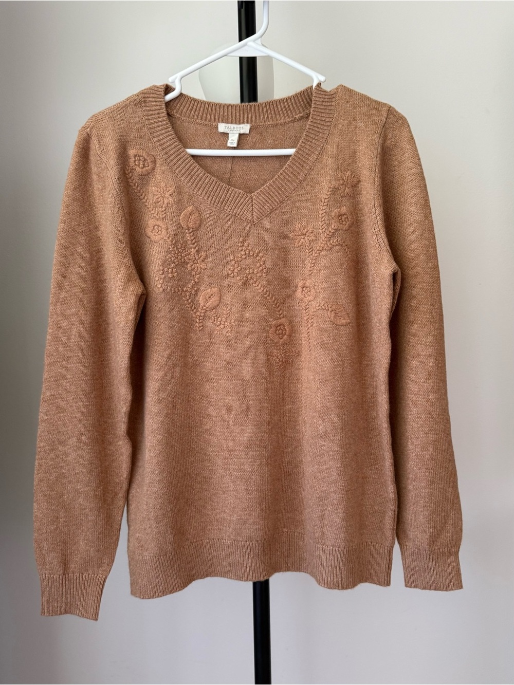 Talbots Women's V- Neck Embroidered Sweater - Tan/Camel PM